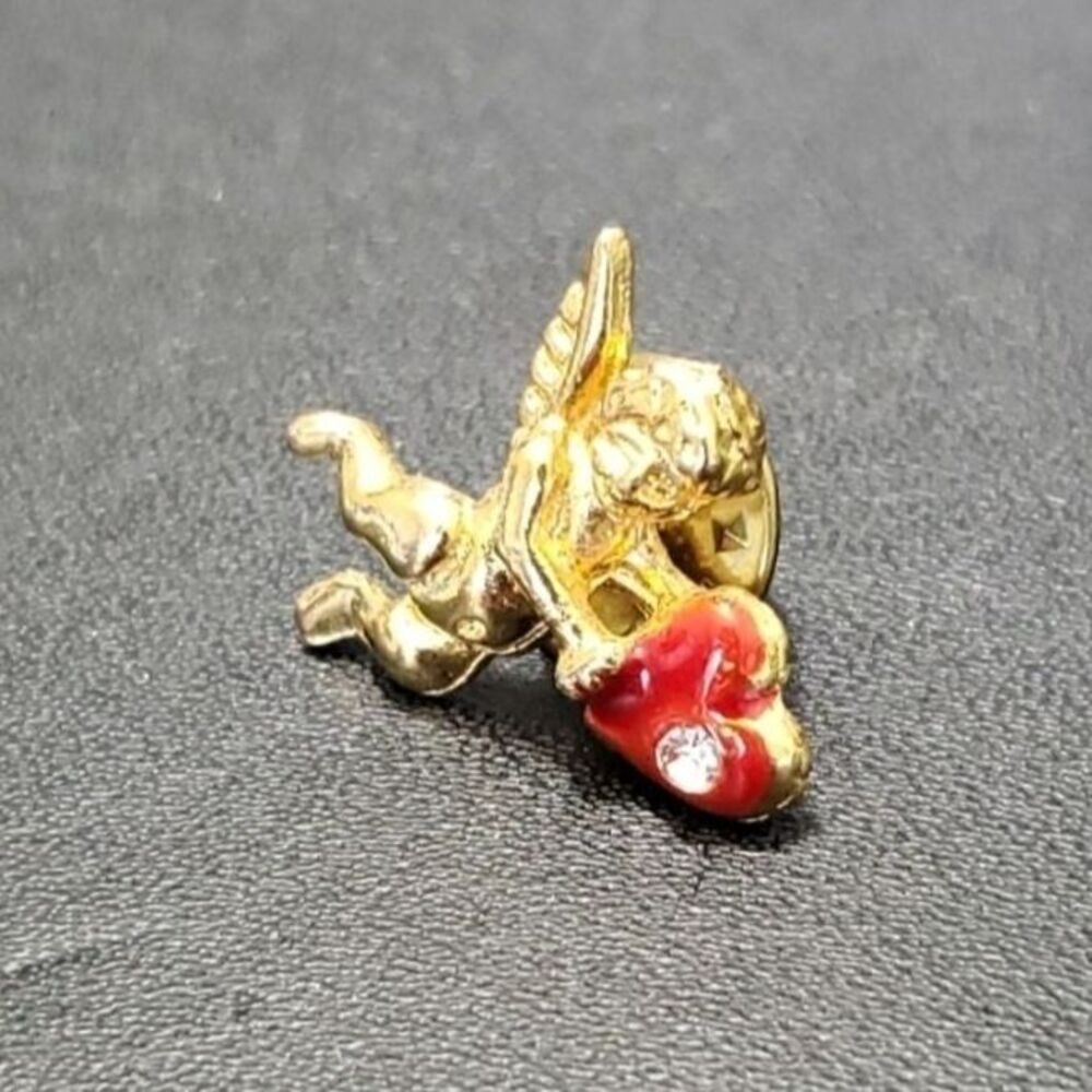 Gold tone cupid brooch red heart clear rhinestone - Picture 3 of 9